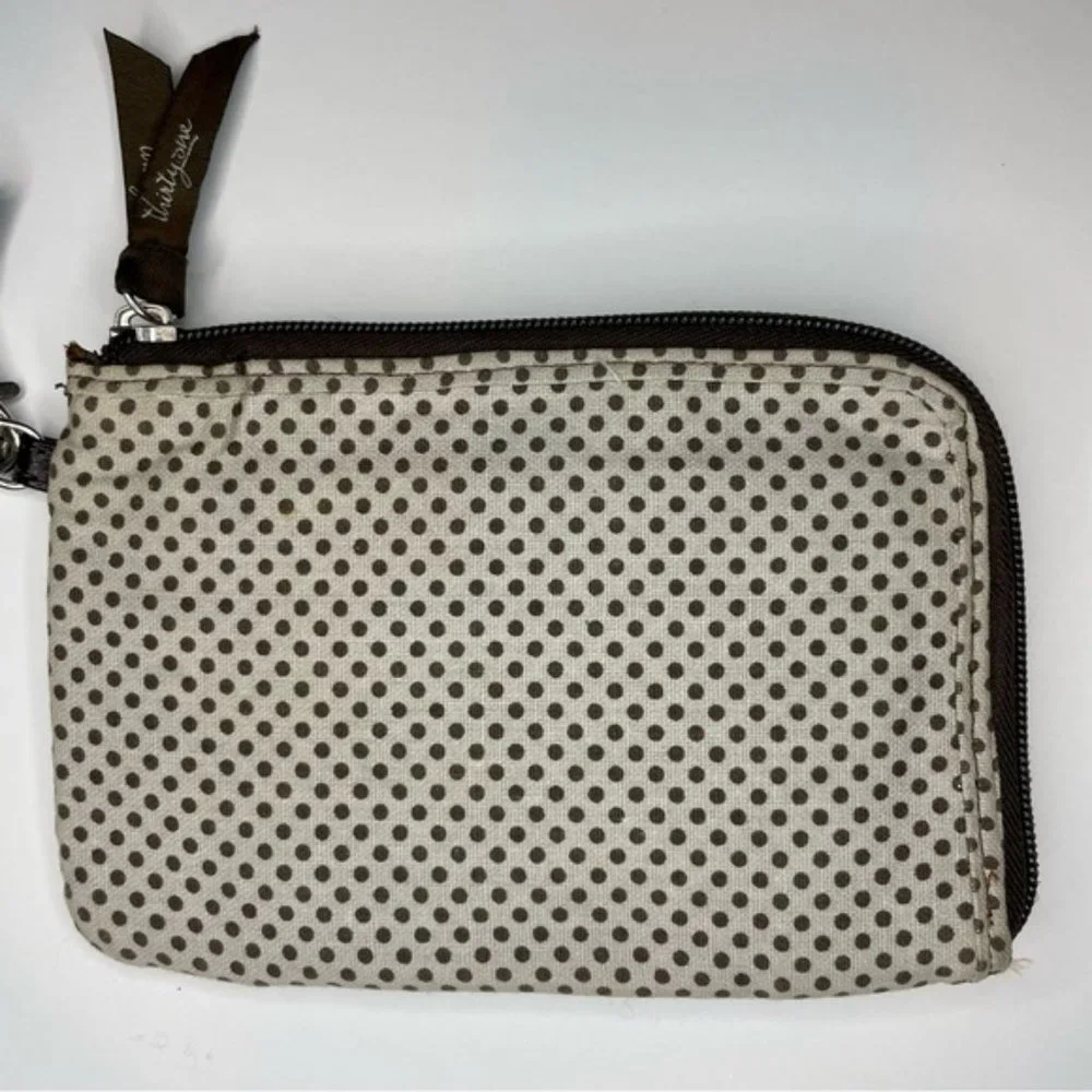 Thirty-One Slim Soft Brown and Cream Polka Dot Wristlet